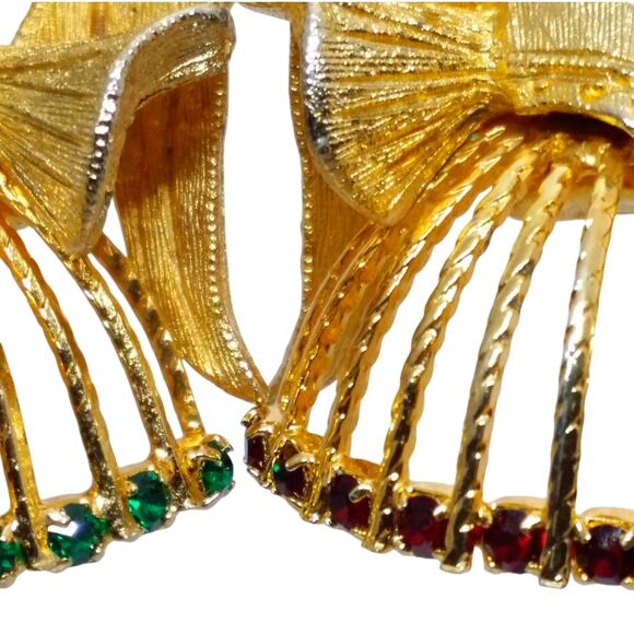 Small Rhinestone Angel Brooch Gold Tone Pair Cherub Pin Red Green Crystal - Picture 4 of 9